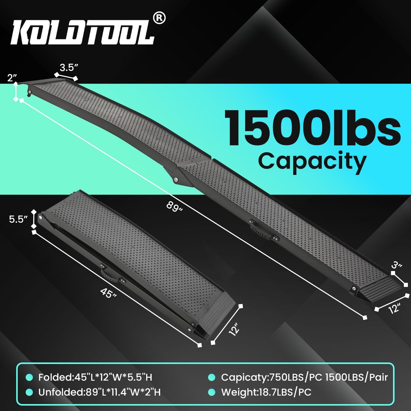 KOLOTOOL 7.5FT Aluminum Truck Ramps, 1500lbs Capacity Folding Loading Ramps, 2 PCS Heavy Duty ATV Ramps for Pickup Trucks, Trailers, Mowers, UTV & Motorcycles, with Load Straps and Carry Handle