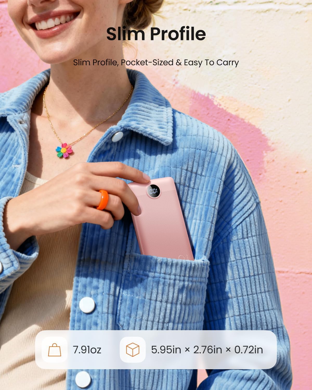 Coowisty 10000mAh Pack Portable Charger Built-in Cables and Wall Plug, Slim USB C Power Bank, LED Display External