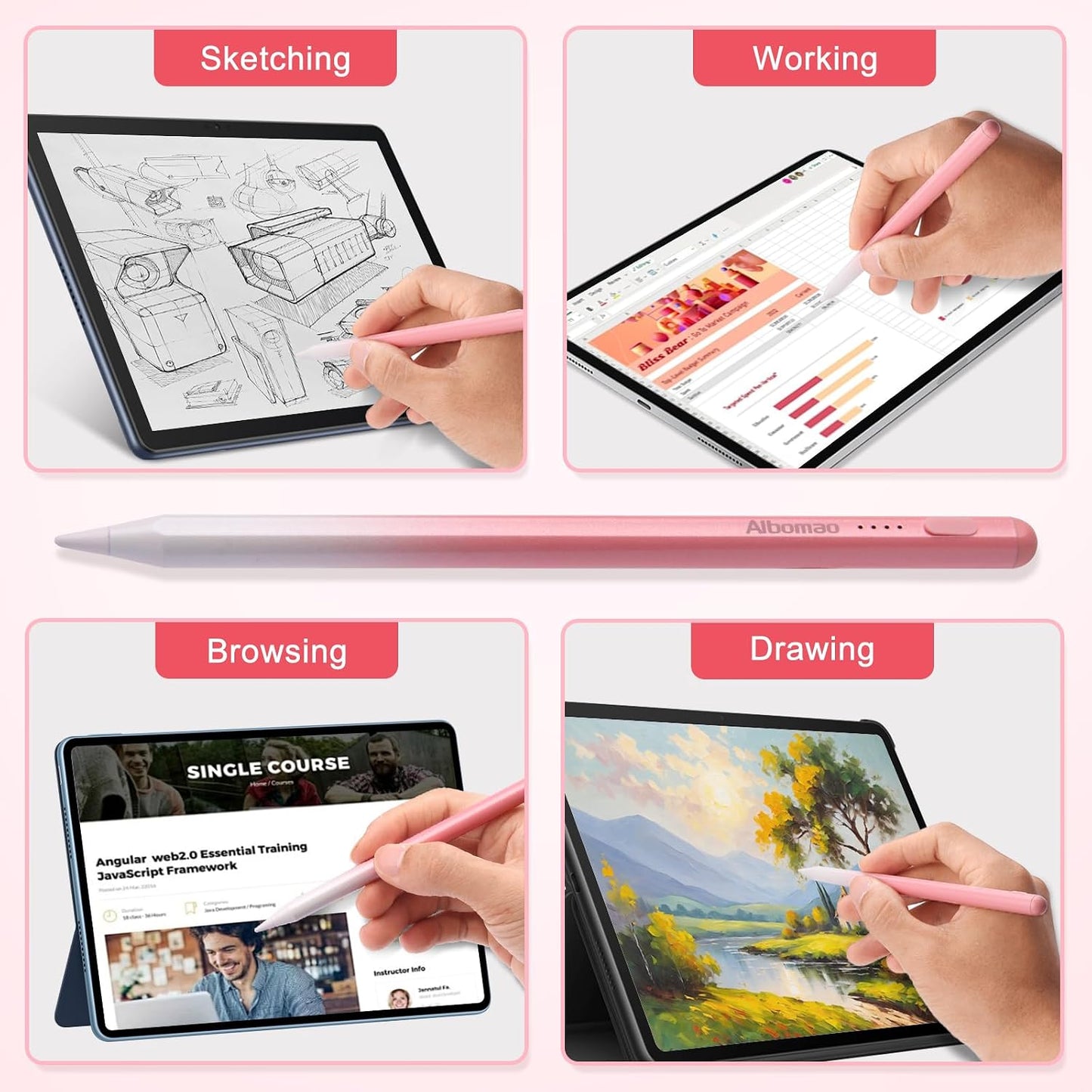 Albomao 4 Universal Stylus Pen for iPad iPhone Android Tablets, No Bluetooth or Pairing Needed, USB-C Fast Charging