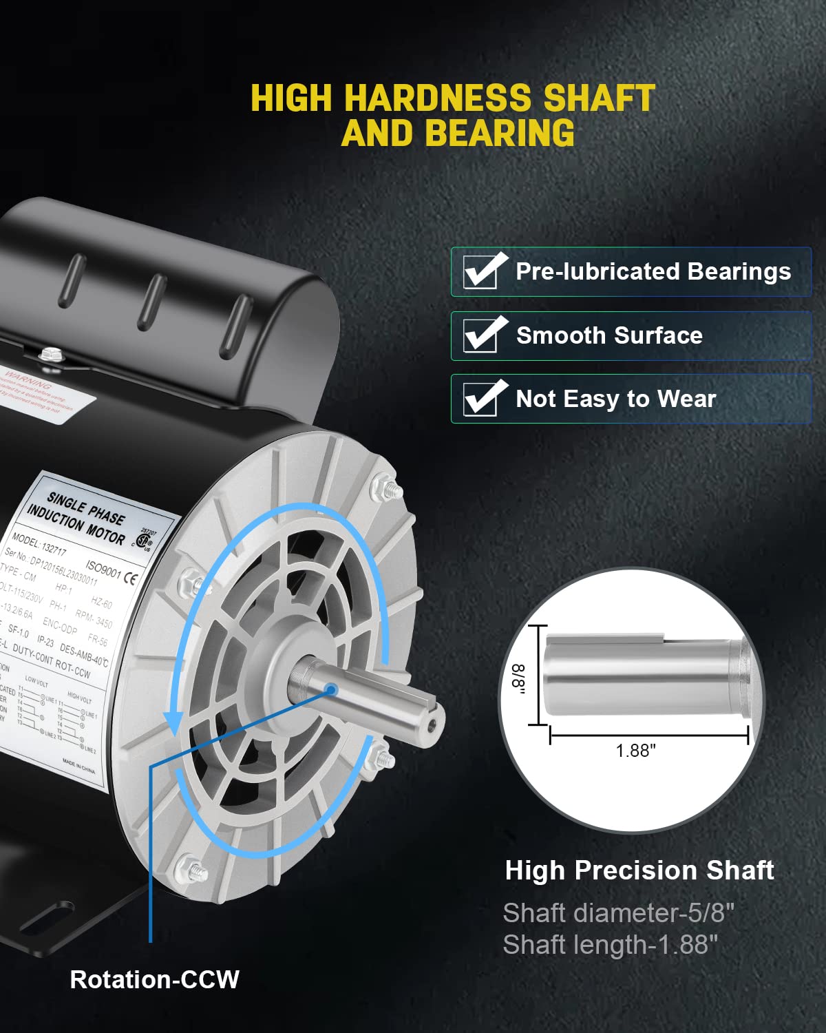1 HP Air Compressor Motor, Electric Motor 3450 RPM, 115/230V Single Phase, 56 Frame 5/8" Keyed Shaft 60 Hz, Commercial-Duty CCW Rotation, 1.88" Shaft Length for Air Compressors