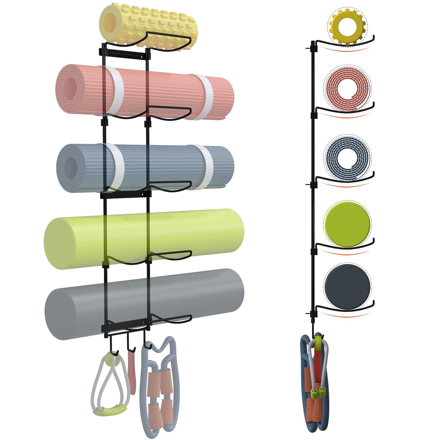 Kesito Yoga Mat Holder Wall Mount, Wall Rack Organizer, Storage Foam Roller and Block, with 5 Sectional and 3 Hooks for Hanging Yoga Strap, Resistance Bands at Fitness Class or Home Gym, Decor(Black)