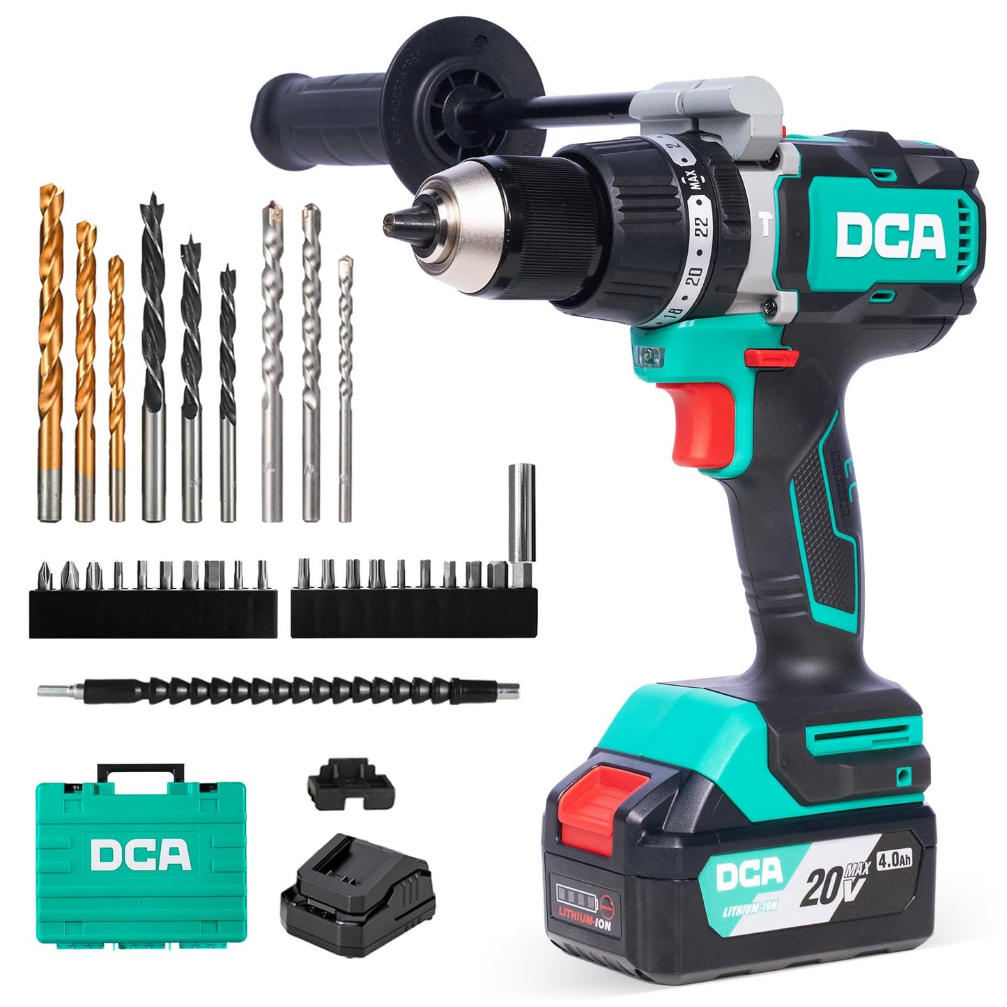 DCA 20V Brushless Hammer Drill, 1062 in.lbs Torque Impact Drill, 1/2" Keyless All-Metal Chuck, 24+1+1 Clutch, 32000 IPM, Heavy-duty Cordless Drill Kit with 4.0Ah Battery for Brick Wall, Metal, Wood