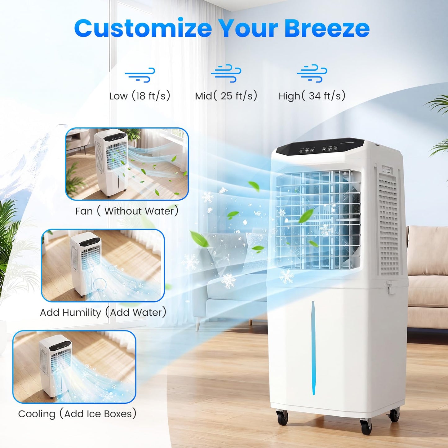Auertech Evaporative Air Cooler, 16 Gal Detachable Water Tank Swamp Cooler with 6 Ice Packs, Portable Room Cooling Fan, Windowless Air Conditioners for Workshop Garage Patio Indoor Outoor