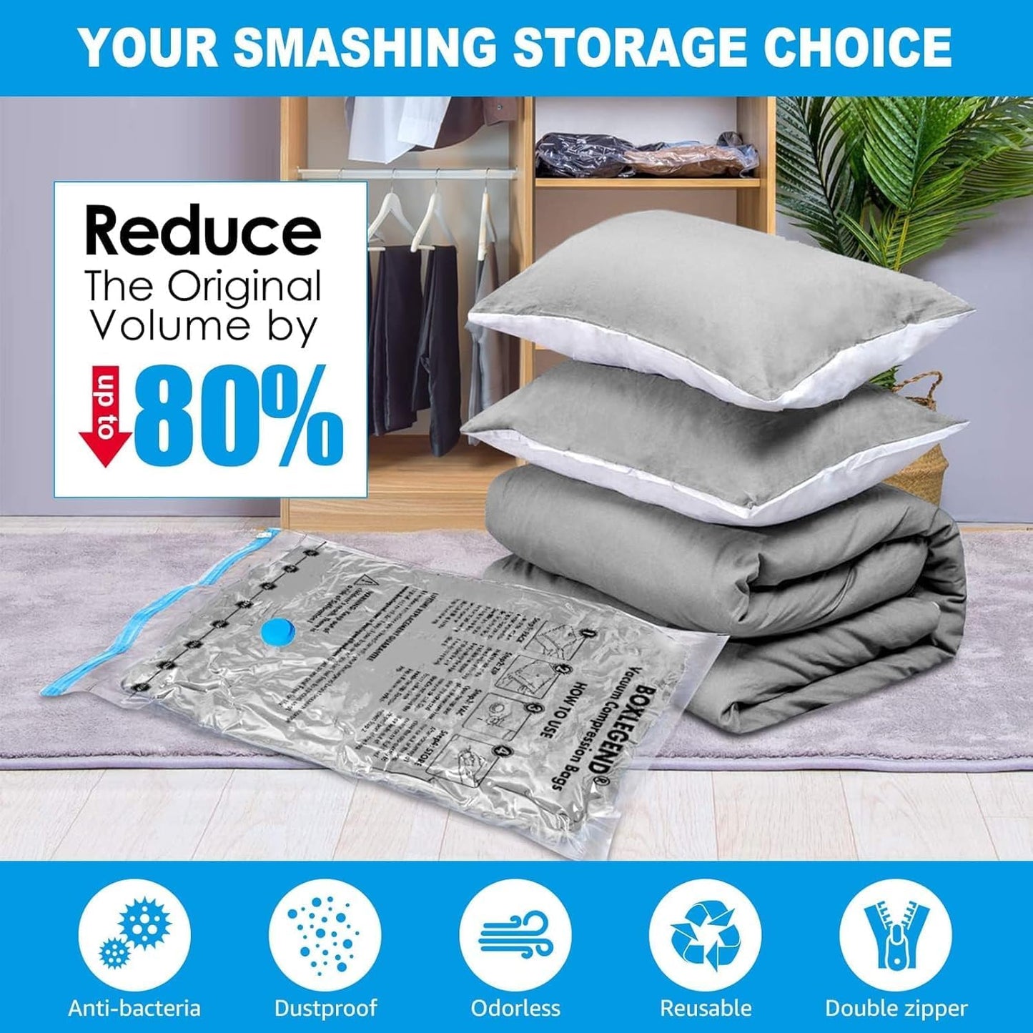 BoxLegend Vacuum Storage Bags - Thickened Waterproof Seal Bags for Clothing & Bedding | 6 Medium 19.68”x27.56”
