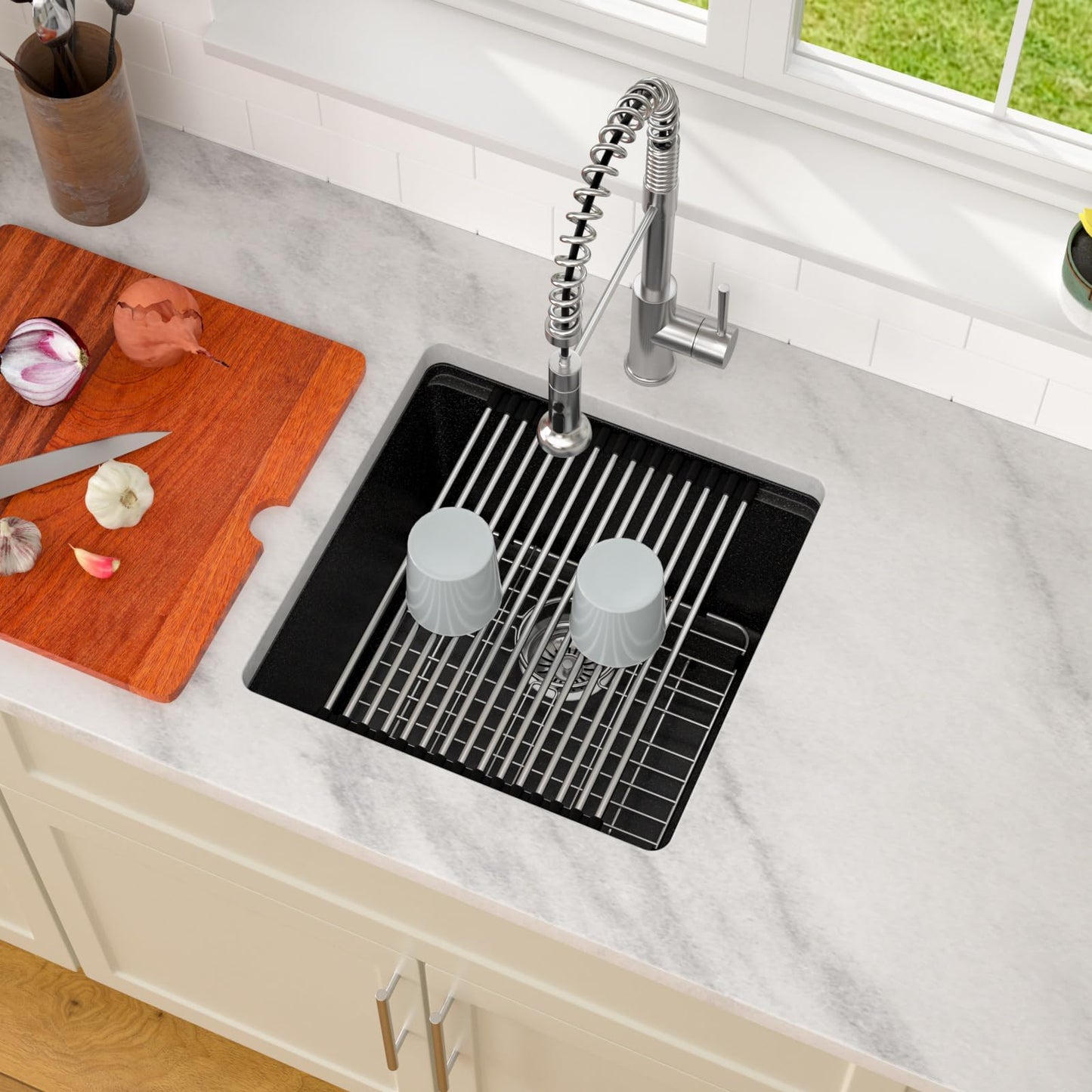 Dcolora 18"x18" Matte Black Bar Sink, Quartz Composite Single Bowl Prep Sink for Small Kitchen, Wet Bar and Kitchen Island, Dual Mount Drop In Undermount Sink with Full Size Wood Cutting Board
