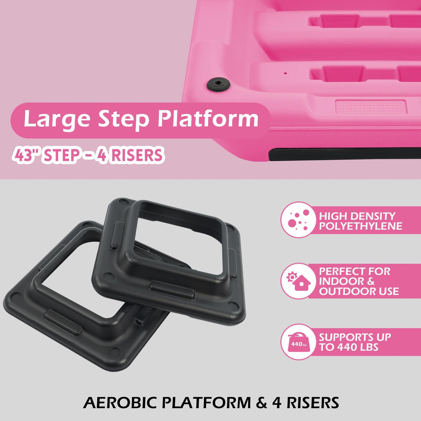 Fitvids 43''x 16'' Adjustable High Step Aerobic Step Platform with 4 Stackable Risers, Workout Step Platform for Exercise at Home, Stepper with Non-Slip Surface for Fitness Training, Cardio Strength, Pink
