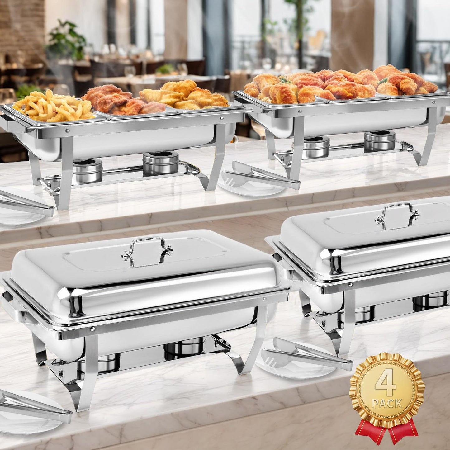 Stelora Chafing Dishes for Buffet, 9 Qt High Grade Chafing Dish Buffet Set, Rolled-Edge Design Food Warmers for Parties, Buffet, Wedding, Birthday, Camping 4 Pack 12 Pans (Silver)