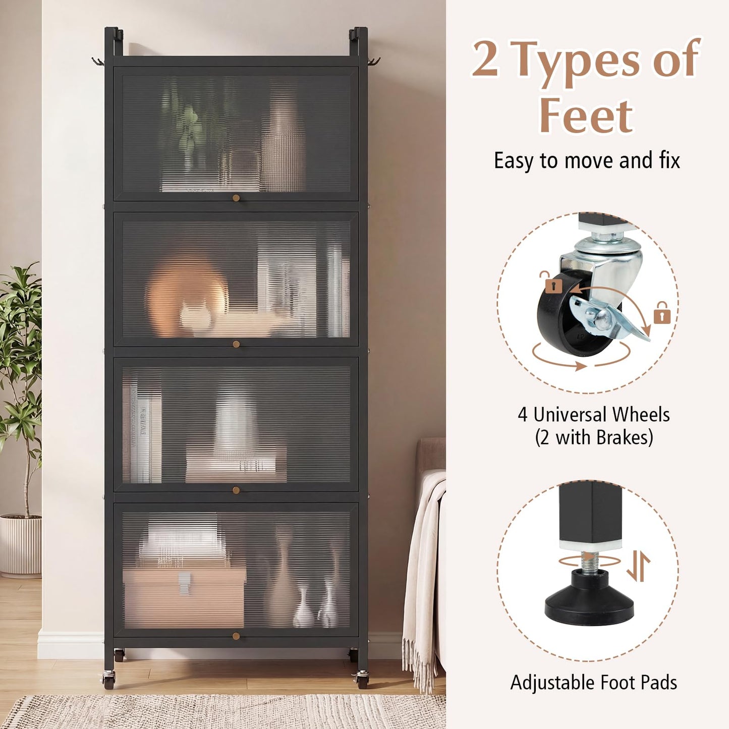 Giantex 5-Tier Kitchen Storage Cabinet, Mobile Microwave Stand with Flip-up PC Doors, Freestanding Kitchen Bakers Rack with 4 Rolling Casters, for Dining Room, Living Room and Study, Black