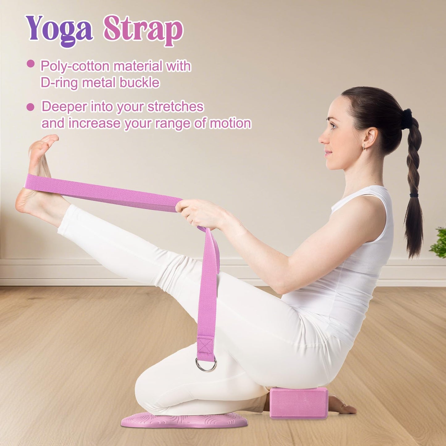 RoundFunny 5 Pcs Yoga Blocks Knee Pads Yoga Strap Set Soft Premium Foam Blocks Accessories for Pilates Meditation General Fitness Stability, Kneeling, Balance, Deepen Stretches and Toning (Pink)