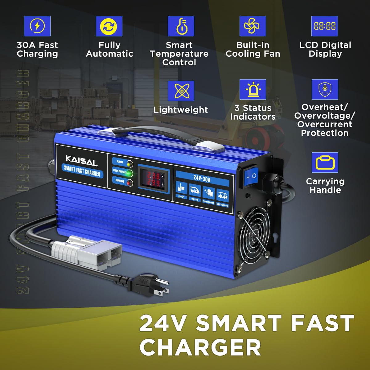 Forklift Battery Charger 24V 30A Smart 24 Volt Charger 900W Fully-Auto LCD Display Pallet Jack Battery Charger 7 Protections Trickle Charger for 24V Electric Pallet Jack & Forklift & Floor Scrubber