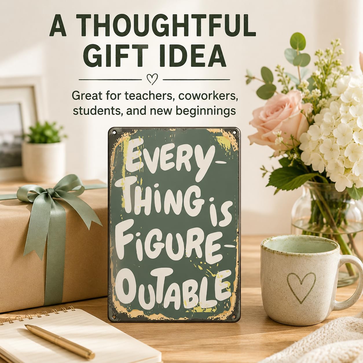 Everything Is Figureoutable Metal Sign 8x12 Inch, Inspirational Quote Wall Decor, Motivational Aluminum Plaque for Home Office Classroom, Positive Gift Idea