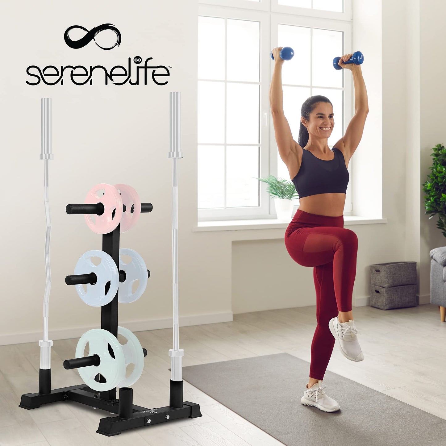 SereneLife 6-Pegs Olympic Weight Plate Rack & 4 Barbells - 800 Pounds Capacity, Heavy Duty Gym Organizer, Scratch Resistant Frame, Powder-Coat Finish, Easy to Assemble, Compact & Space-Saving