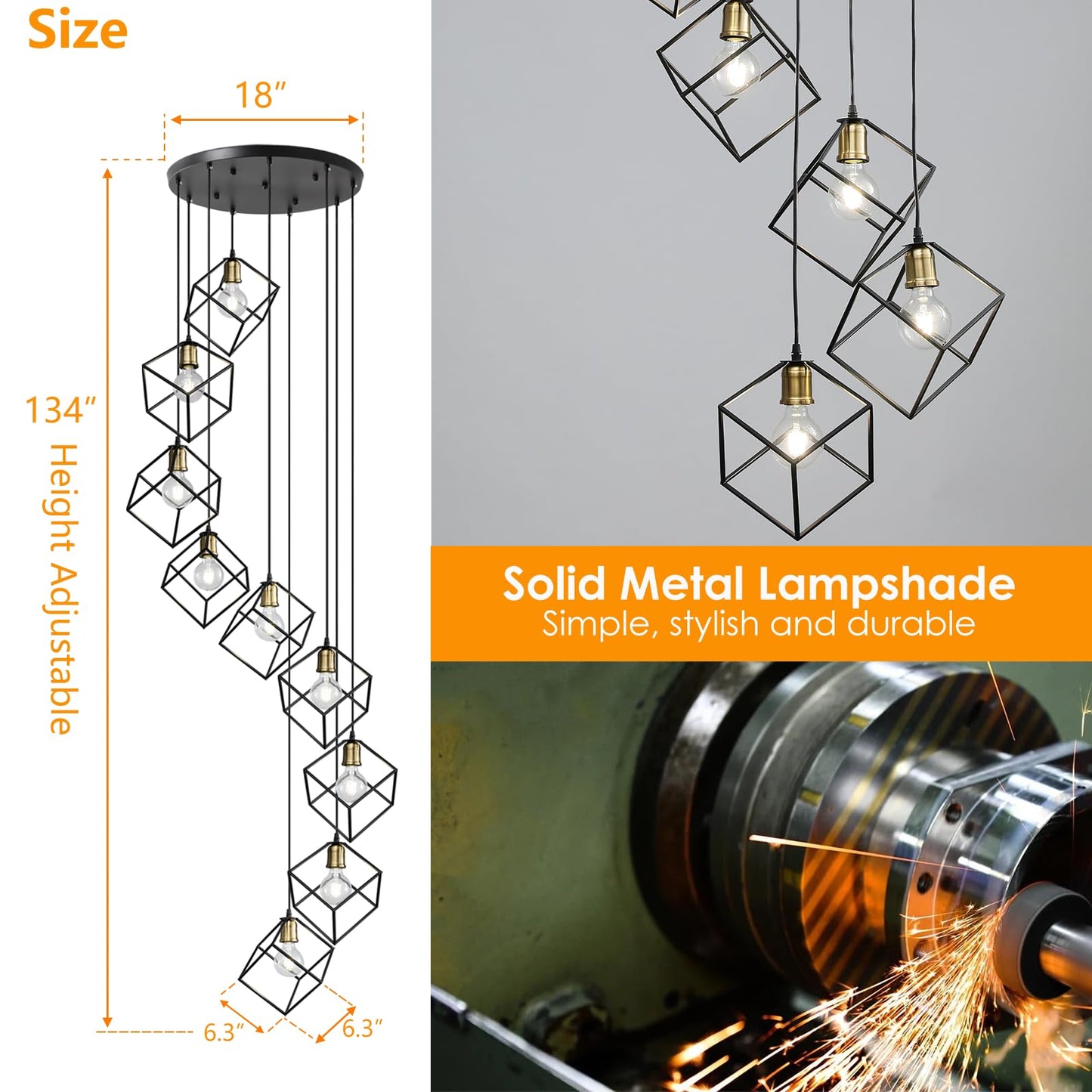 vivihobb 9 Light Large Modern Large Foyer Chandelier,Black Metal Cage,134" Long Light Fixture for High Ceilings Entryway Foyer Staircase,LED Bulbs Included