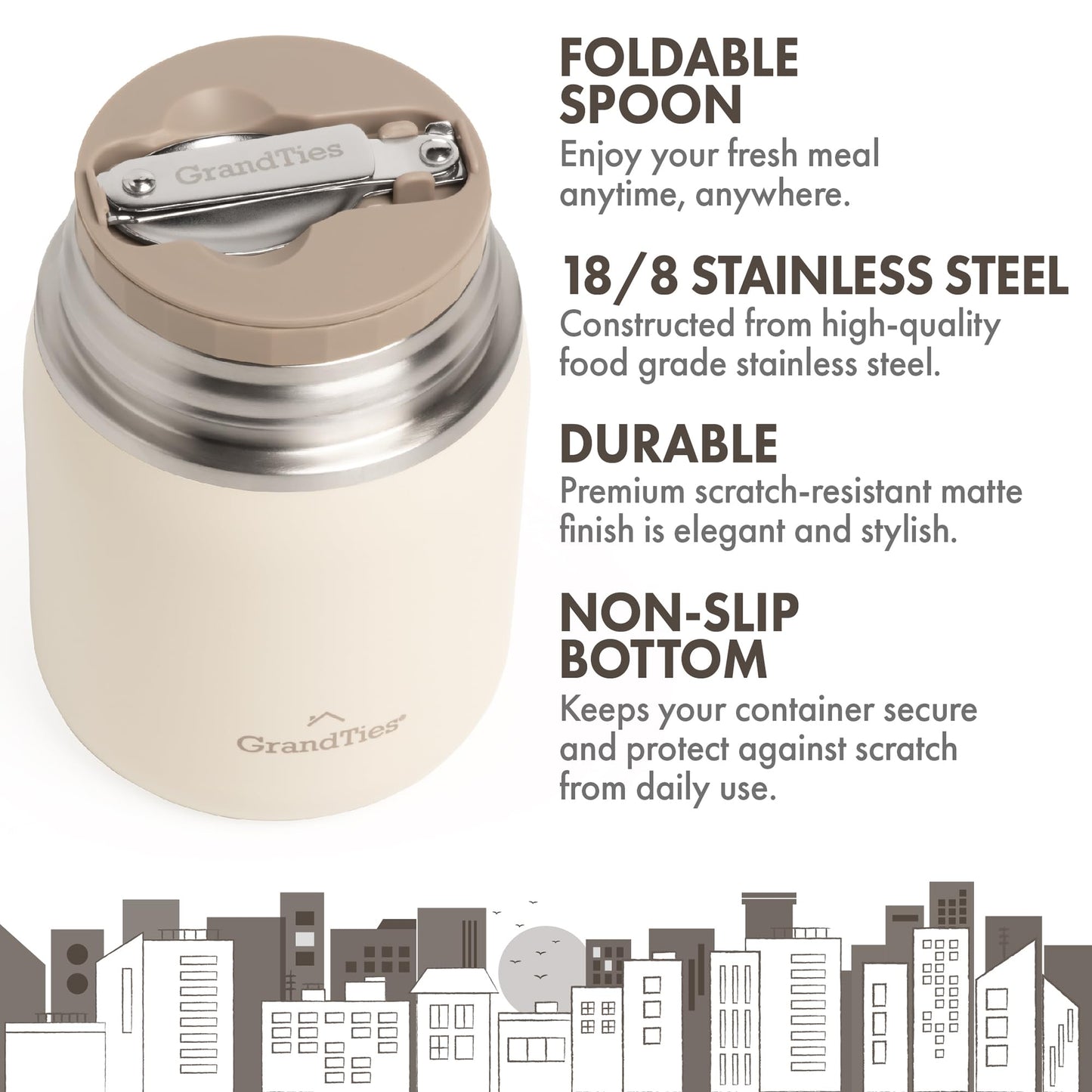 GRANDTIES Insulated Food Jar, 20 oz Wide Mouth Thermo BPA Free Stainless Steel Container for Hot Food with Carry Handle Bowl Cap & Foldable Spoon, Leakproof for Lunch To Go Meals (Ivory White)