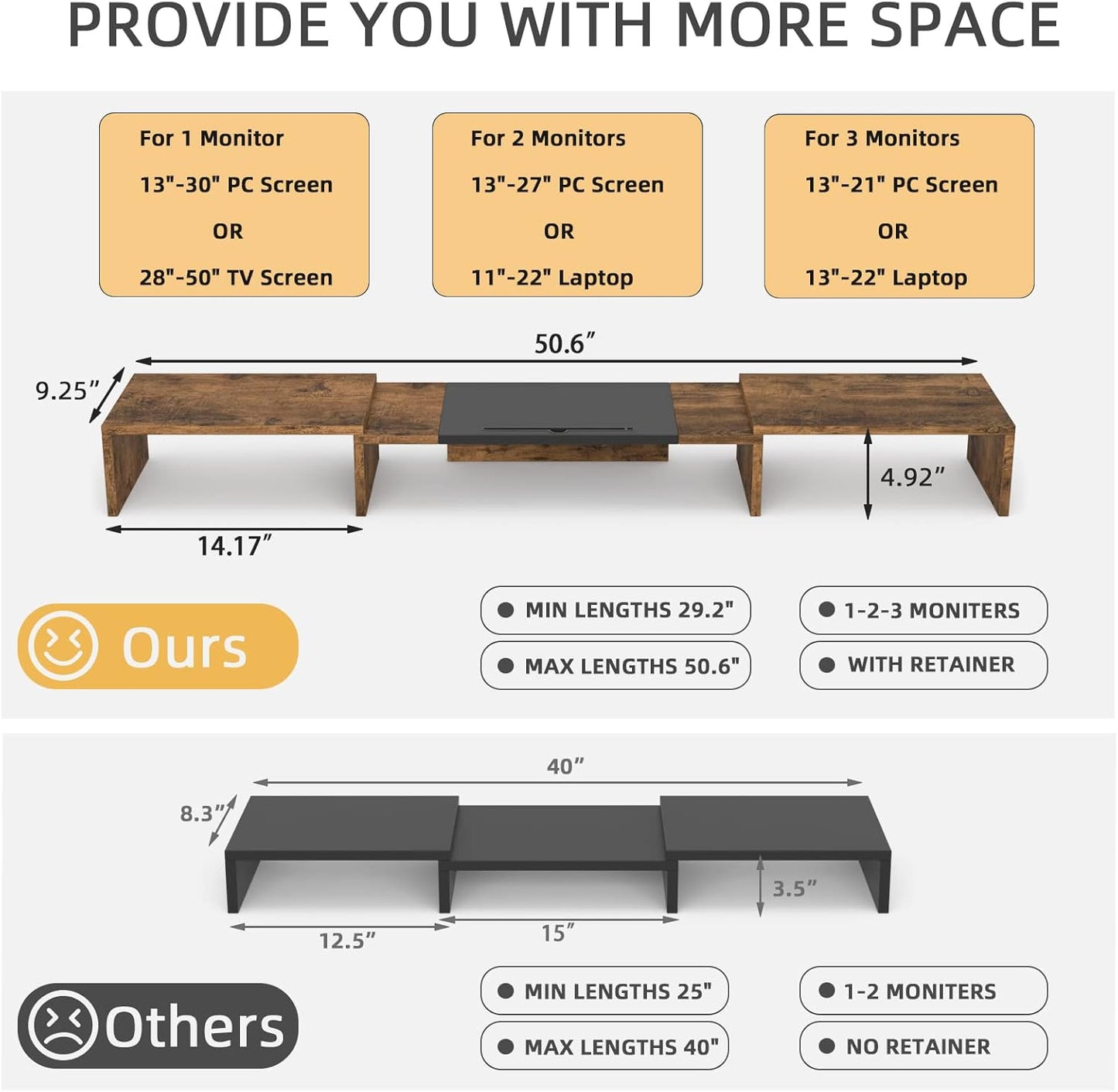 1~2~3 3 WESTREE Triple Dual Monitor Stand Riser, Extra Long Monitor Stand for Monitors, Monitor Stand with Length