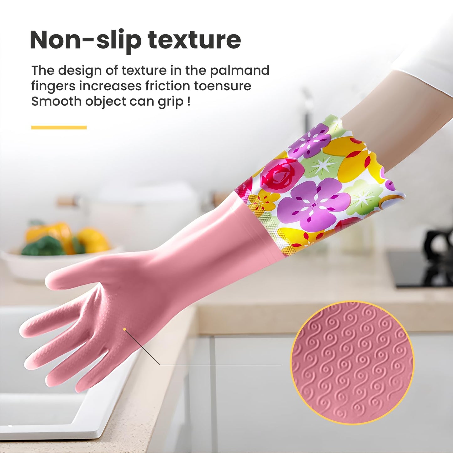 KAQ 3 Pairs Rubber Cleaning Gloves, Reusable Dishwashing Gloves for Kitchen with Cotton Liner, Long Cuff 16", Waterproof Non-Slip Household Gloves for Bleaching Bathroom, Laundry, Gardening (Large)