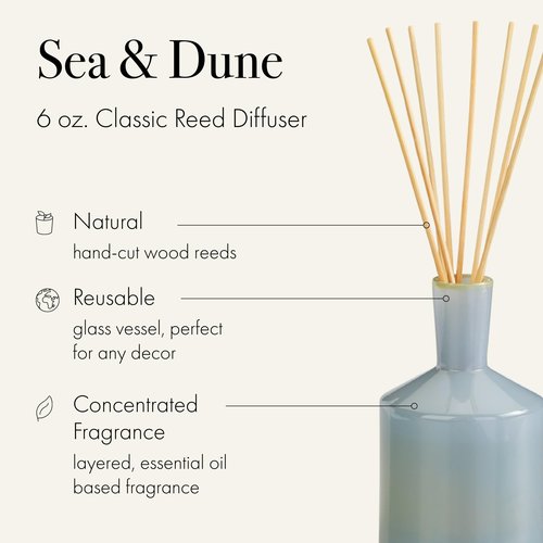 LAFCO New York Classic Reed Diffuser, Sea & Dune - 6 oz - Up to 3 Months Fragrance Life - Reusable Glass Vessel - Natural Wood Reeds - Made in The USA