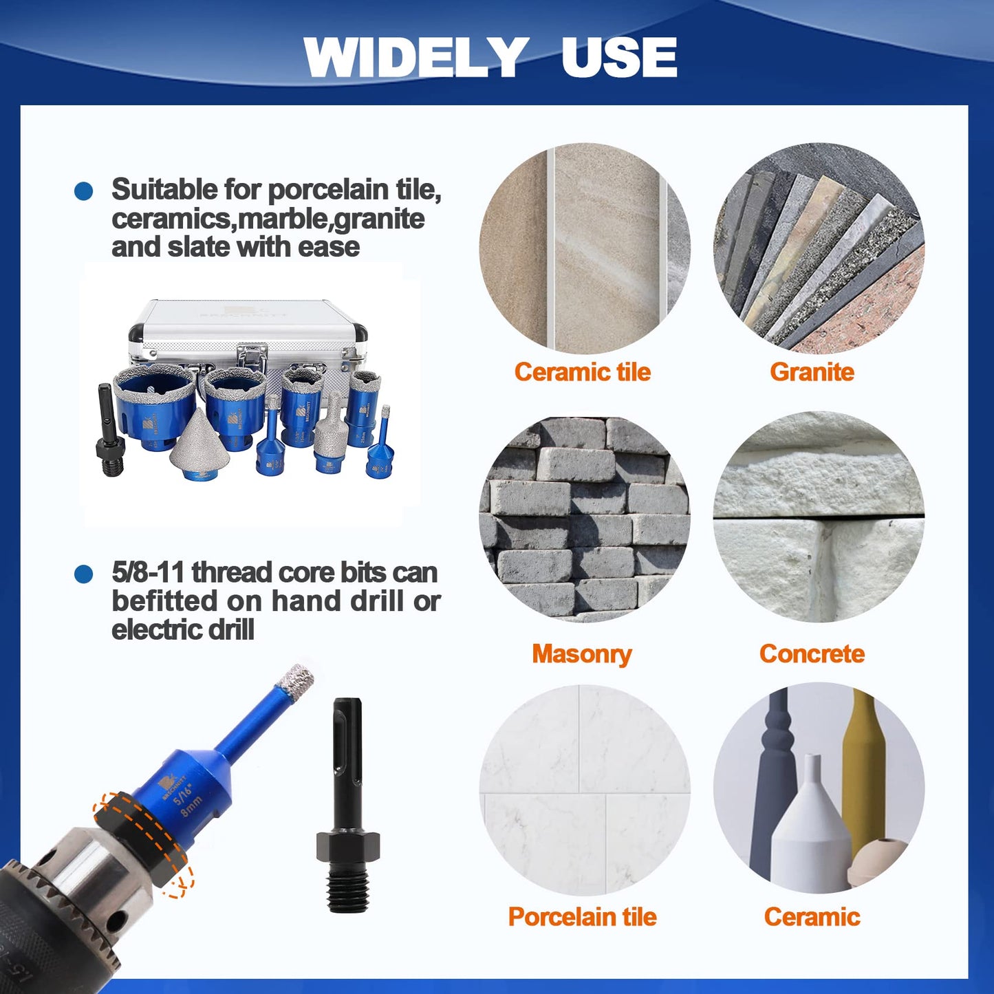 Diamond Core Drill Bit Set BRSCHNITT Diamond Hole Saw for Porcelain Tile Ceramic Marble Granite Drilling with 5/8-11 Thread(6/8/25/35/50/65/100mm Drill bits,10-25mm Finger bit+35mm Chamfer bit.