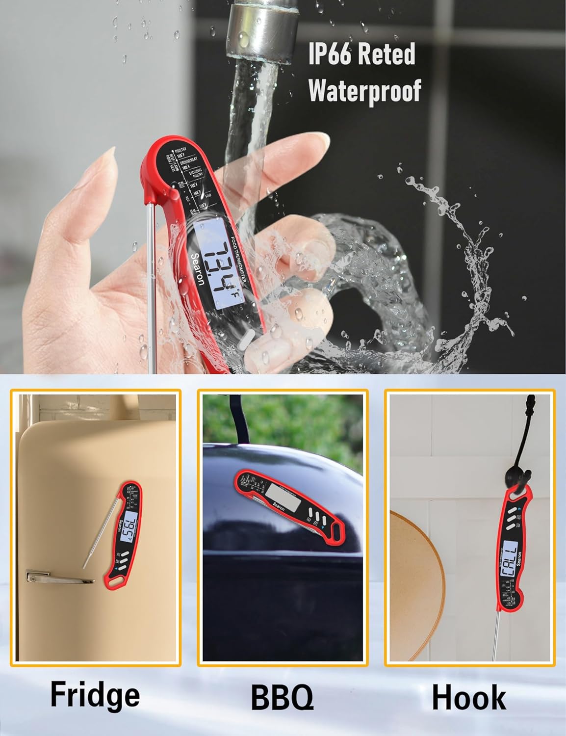Searon Digital Meat Thermometer - Instant Read, Waterproof Design for BBQ, Grilling & Baking