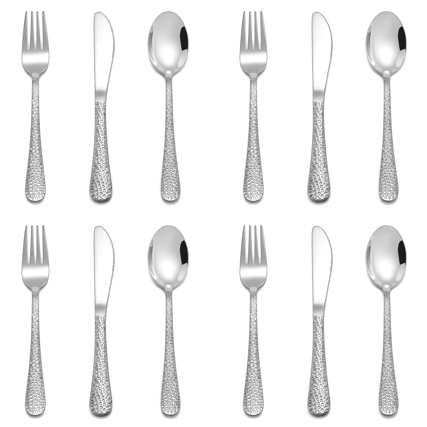 E-far 12-Piece Kids Silverware, Stainless Steel Toddler Preschooler Utensils with Adult Look, Hammered Flatware Includes 4 Forks 4 Spoons 4 Knives, Safe for Self Feeding, Non-Toxic & Dishwasher Safe