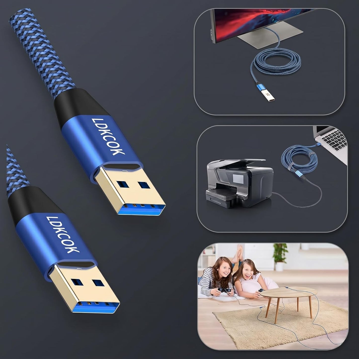 LDKCOK 15FT, 3.0 Set-Top USB to USB Cable Durable Braided USB Male to Male Type A to Type A Data Transfer Cable