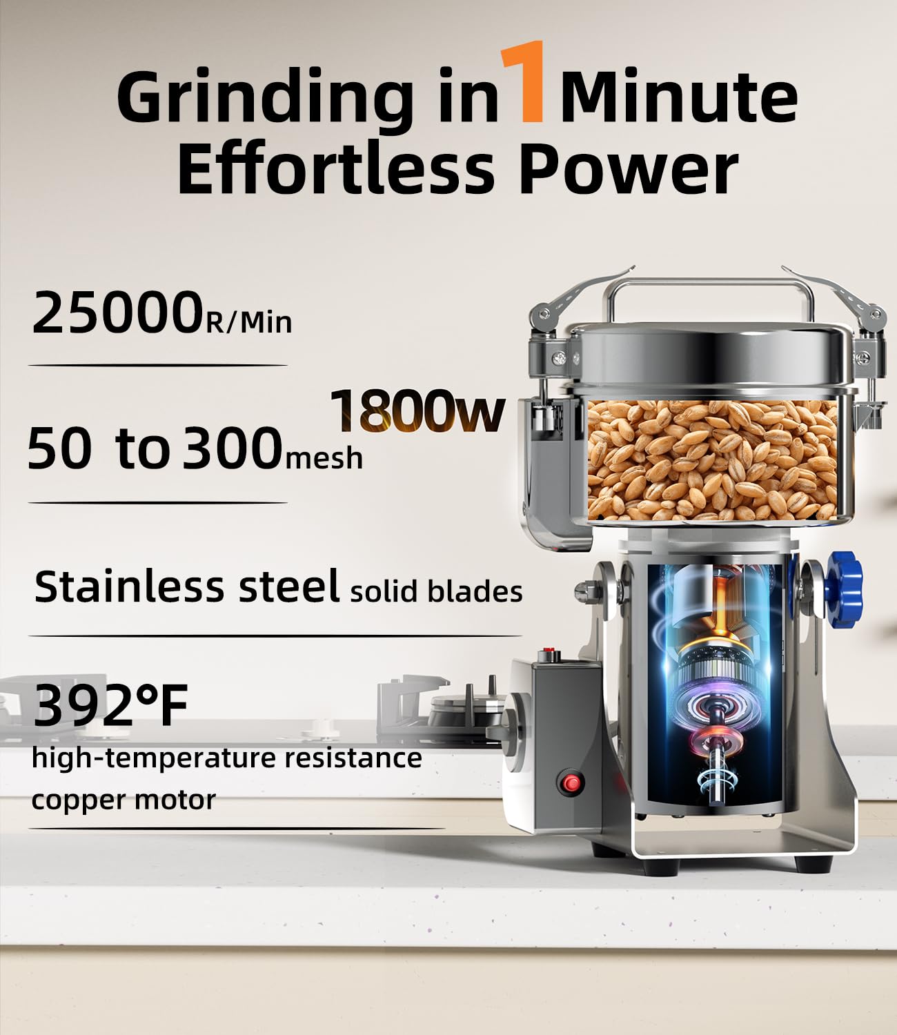 Electric Grain Mill 1000g, Flour Grinder Mill Stainless Steel for Home, Counter Grain Grinder for Wheat, Rice, Wheat Berry, Corn, Herbs, Spices