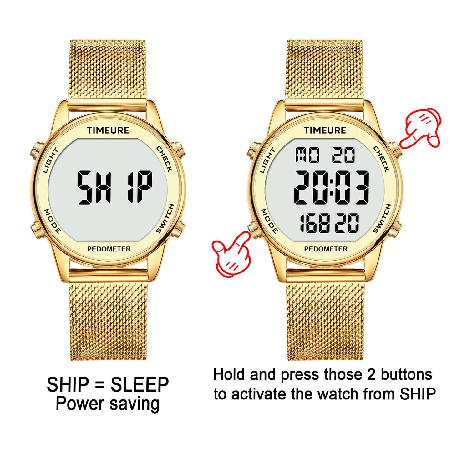 TIMEURE Women's Step Counter Watch with Stainless Steel Bracelet, Stylish Design, No App, No Charging Needed for Step, Calorie, Distance, Alarm, Countdown Timer，TU-2401(Gold)