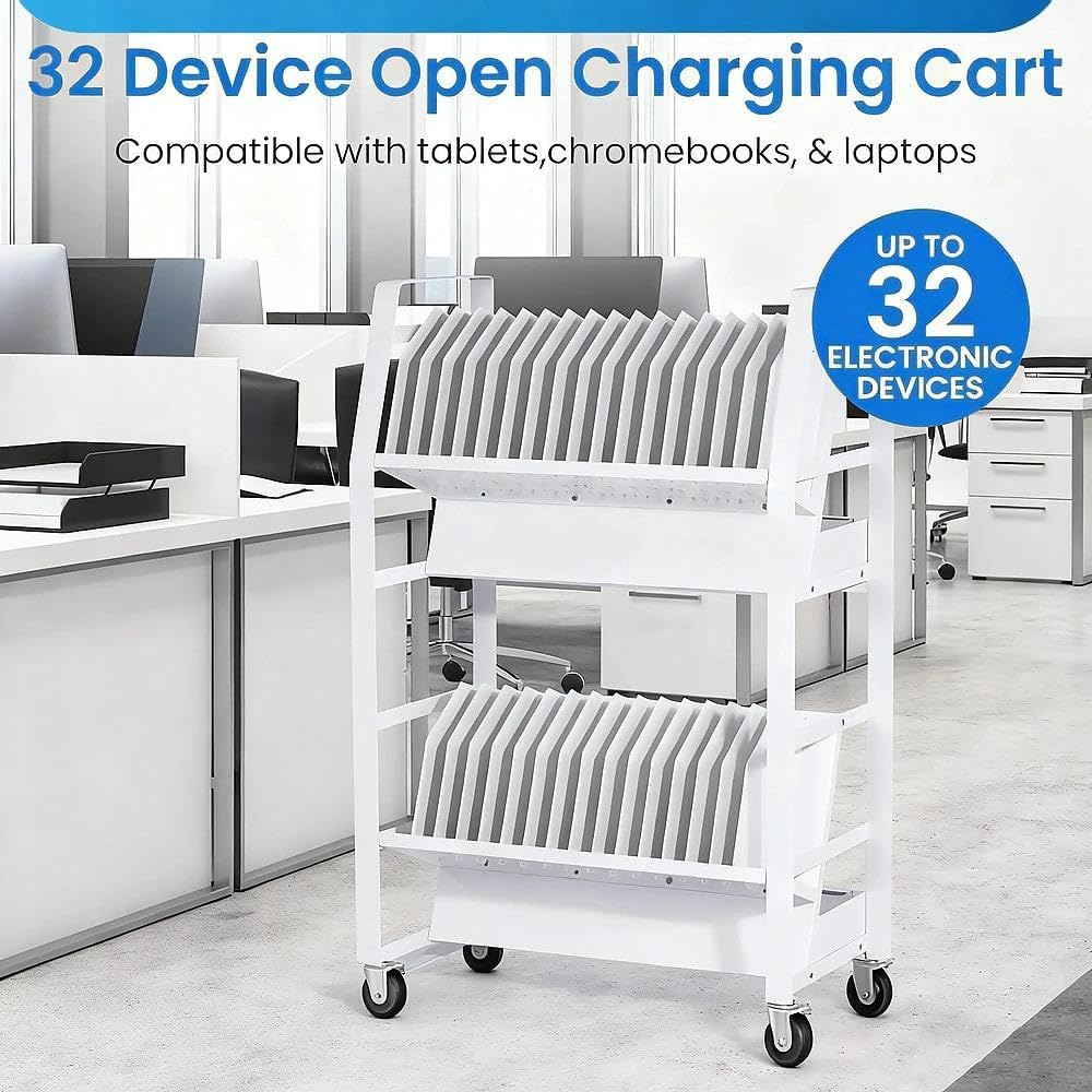 32 Device Mobile Charging Cart，Metrixpio Double-Layered Rolling Computer Cart with Socket Portable Ipad Storage & Laptop Cart for Teachers & White-Collar Workers