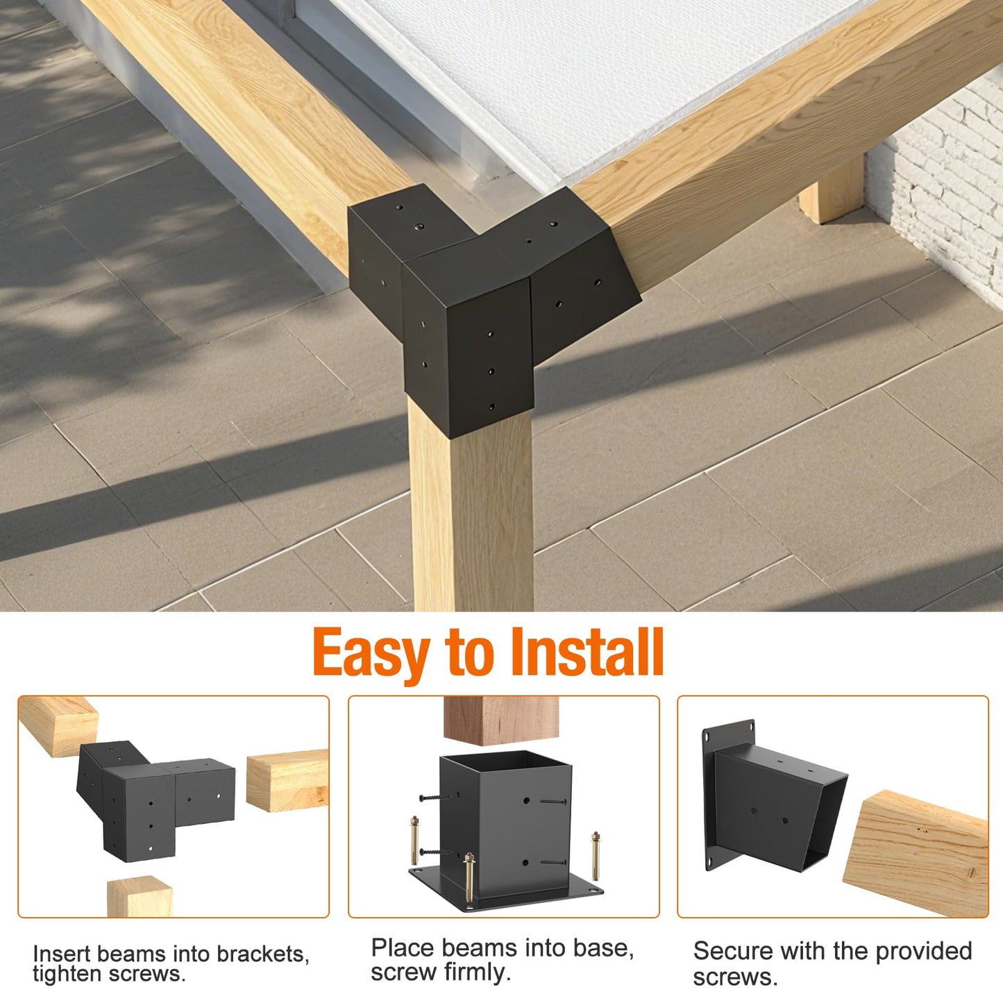 Eapele 6PCS 15° Slanted Roof Pergola Brackets, 3-Way Roof Wall Mount Extension Pergola Kit, Angled Wood Post Base Bracket,Patio Pergolas, Log Cabin