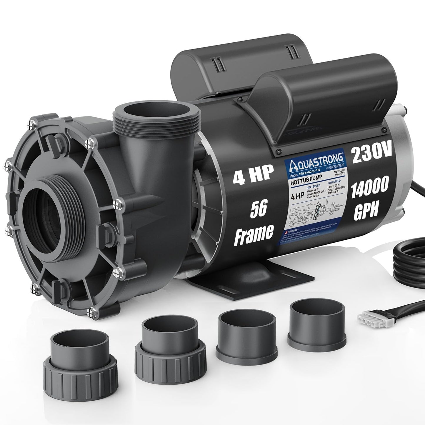 Aquastrong SPA Pump, Dual Speed Hot Tub Pump, Pure Copper Motor, Low Noise, Easy Installation with 1.5" & 2" Adapters, 90° Rotating Inlet & Outlet, Compatible with Hot Tubs & Spa Systems, Grey