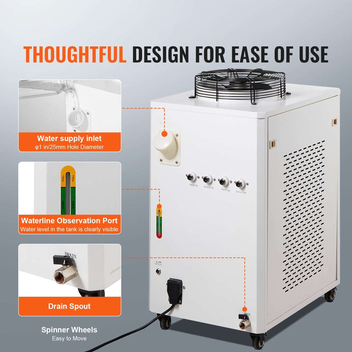 VEVOR Industrial Water Chiller, CW6000, Industrial Water Cooler Cooling System with Compressor 15L Water Tank Capacity 65 L/min Max Flow Rate, for 2 Sets of 300W CO2 Laser Engraving & Cutting Machine