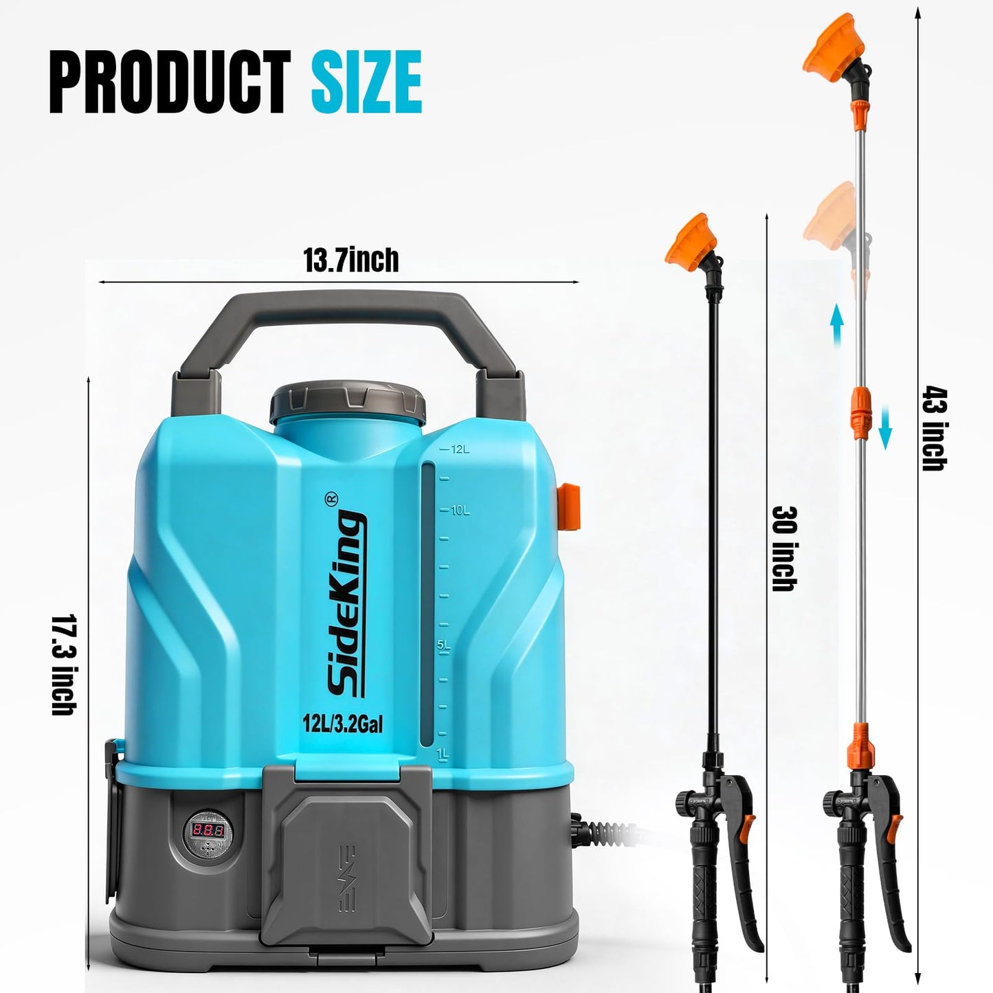 SideKing 3.2 Gallon Battery Powered Backpack Sprayer, 100 PSI Powerful Electric Sprayer Compatible with DeWalt 20V Battery, Max 0.9 GPM, 5 Nozzles & 2 Spray Wands for Lawn, Yard, Weed & Pest Control