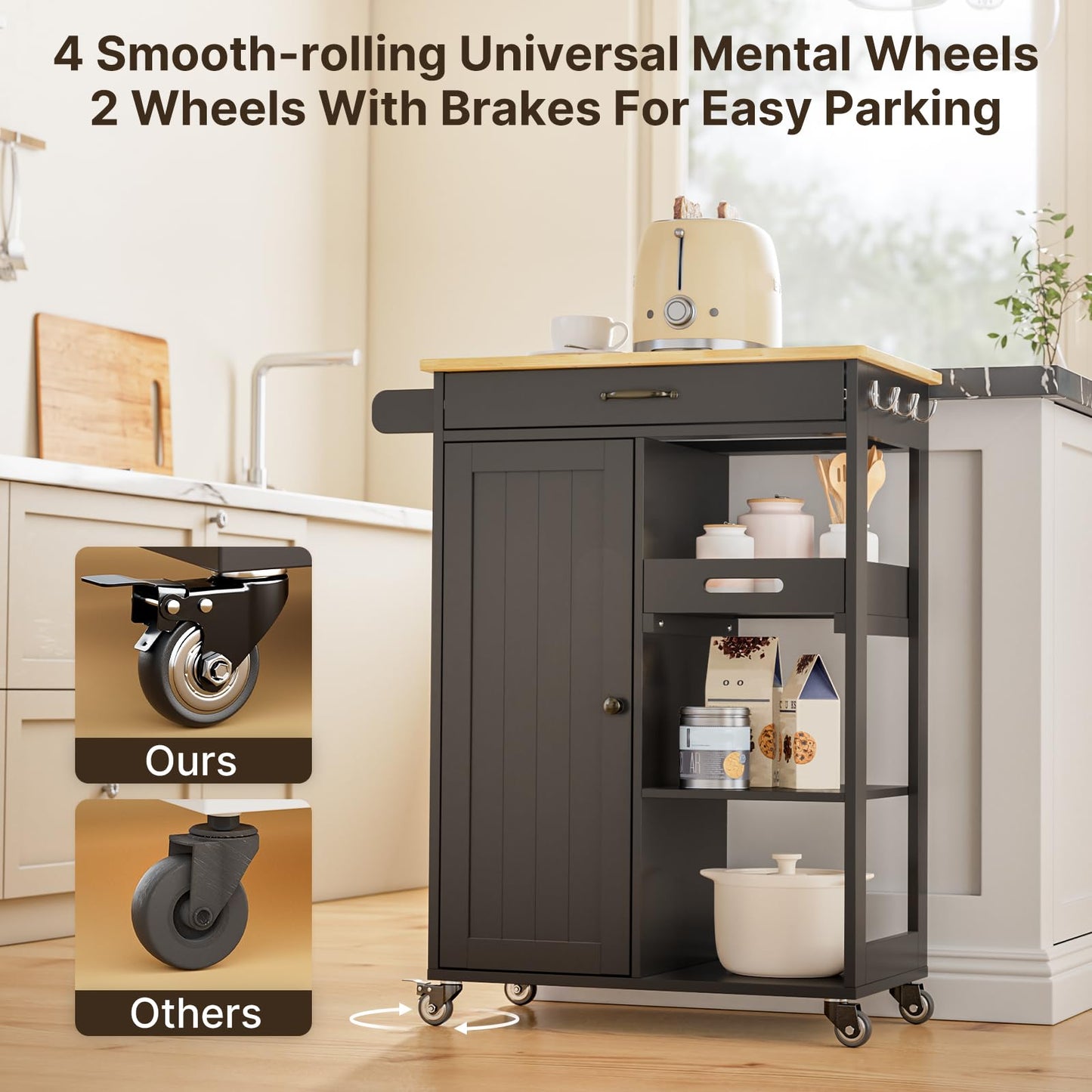 Gizoon Kitchen Island Cart with Solid Wood Top, Rolling Serving Utility Trolley Cart with Drawer, Cabinet, Towel Rack, Hooks and 3 Open Storage Shelves, Mobile Storage Cart for Dining Room, Bar, Black