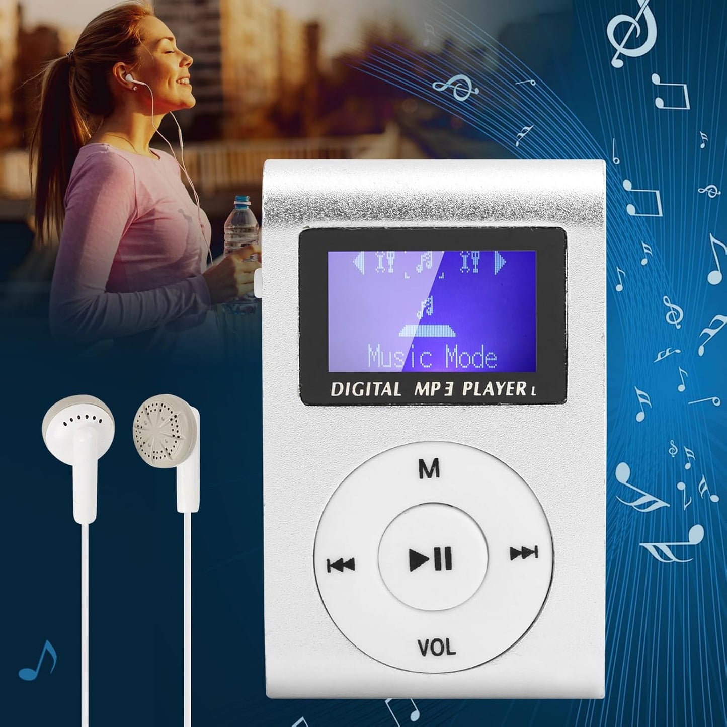 SALALIS MP3 32GB Music Player with Clip, USB & LCD Screen, Supports Memory Card, Earphone & USB Cable (Silver)