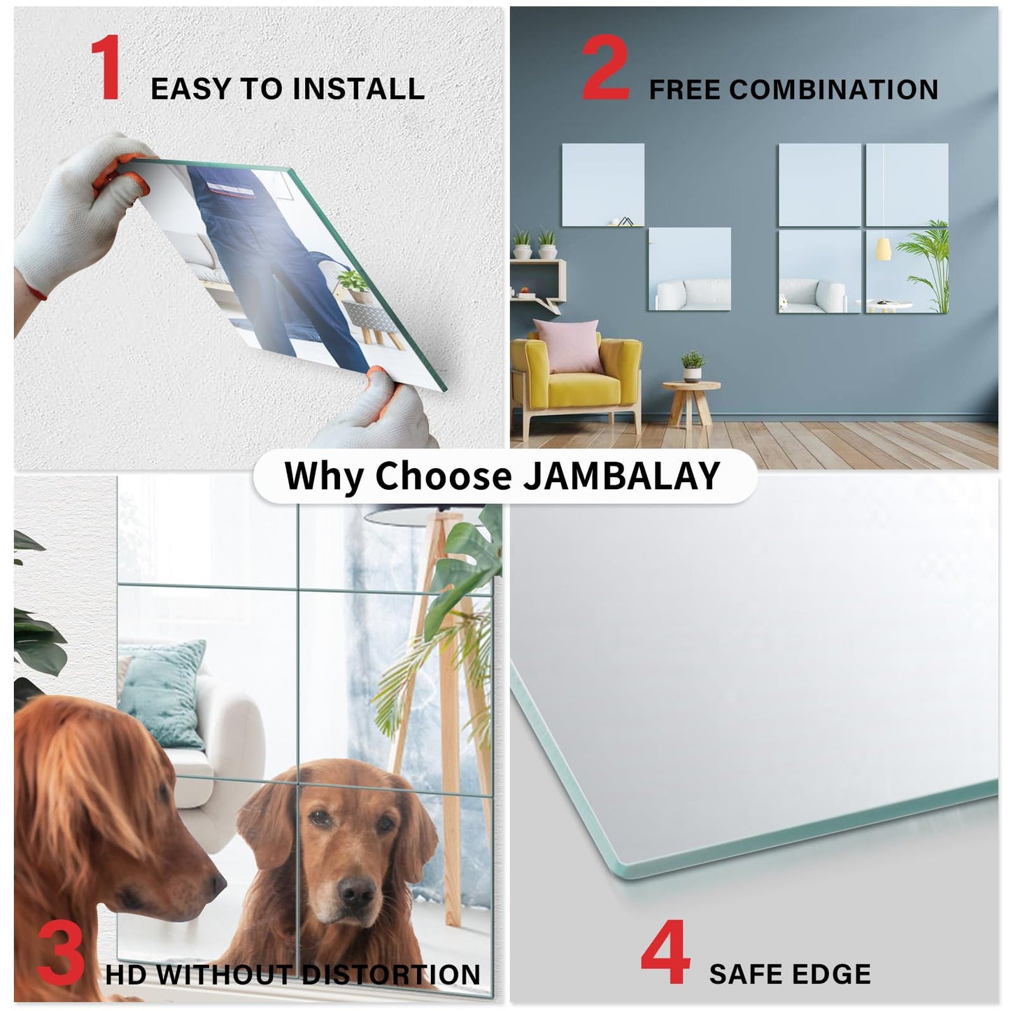 JAMBALAY Home Gym Mirrors for Gym, 12Pcs 14″×12″ Square HD Glass Full Length Wall Mirror Tiles, Self Adhesive Frameless Wall Mirror for Bedroom, Living Room, Over The Door