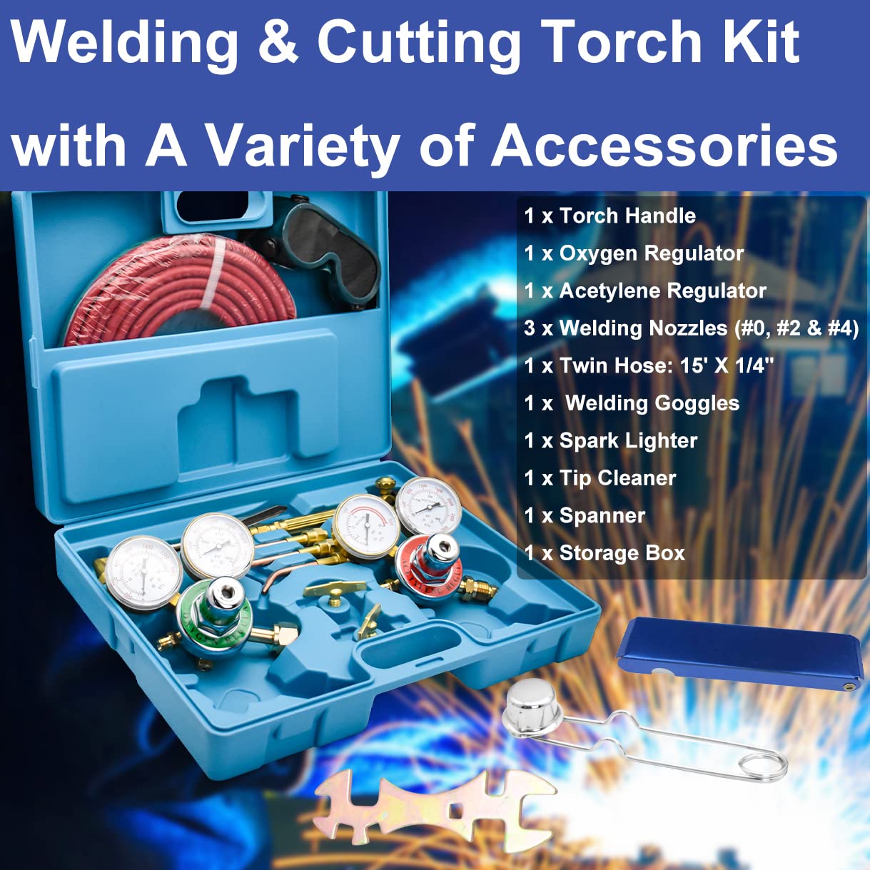 Cutting Torch Set Oxy Acetylene Torch Kit, Portable Gas Cutting Torch and Welding Kit with Acetylene Oxygen Gas Regulator Gas Hose Welding Glasses Storage Case and Accesseries