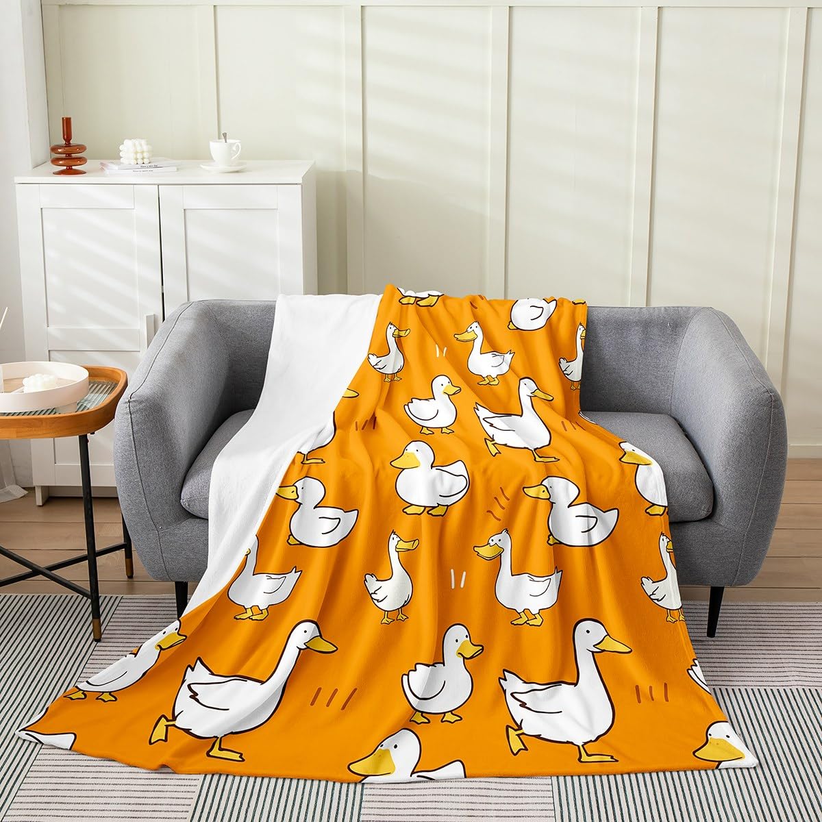 Erosebridal Lovely White Goose Bed Blanket 40x50 inch,Kids Throw Blanket for Child,Cartoon Duck Doodle Fleece Blanket,Hand Drawn Cute Farmhouse Animal Flannel Blanket Home Room Decor