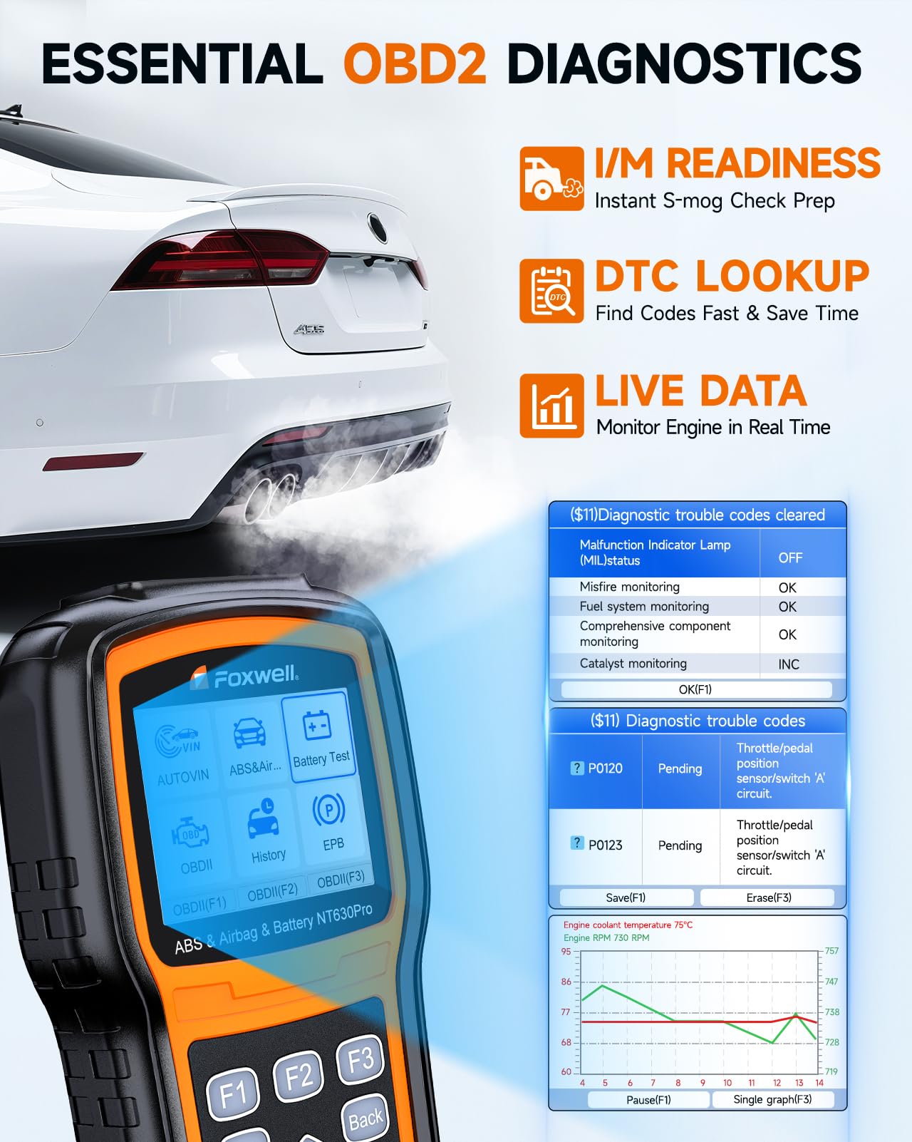2026 2-in-1 FOXWELL NT630 Pro ABS SRS Scan Tool & Battery Tester, Upgraded from NT630 Plus, OBD2 Scanner with 12V Battery Load Analyzer(100-3000CCA), ABS Bleed, BMS/Oil/SAS/EPB Reset, Live Data