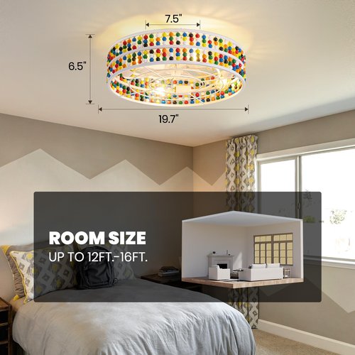 MOOONICHE 19" Boho Fandelier Ceiling Fan with Light and Remote Control Wood Beaded Flush Mount Chandelier Fan 6 Speeds Low Profile Bladeless Ceiling Fan for Bedroom Living Room Nursery