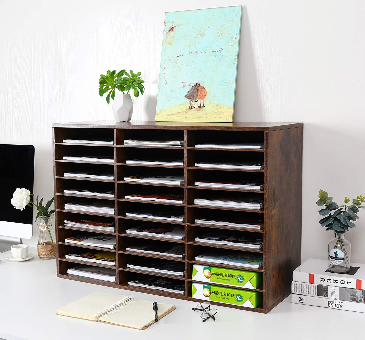 EasyPAG 27 Compartments Wooden Literature Organizer with Adjustable Shelves, 13500 Sheets Capacity Paper Organizer, Classroom Mailbox and Mail Sorter for Teachers and Office, Archaize