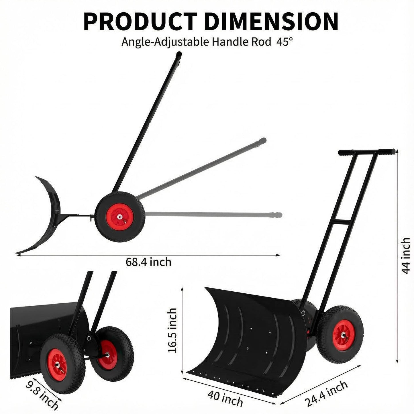 40" Heavy-Duty Wheeled Snow Shovel with Adjustable Handle & Blade – Angled Snow Pusher for Driveway, Sidewalk, Deck & Steps