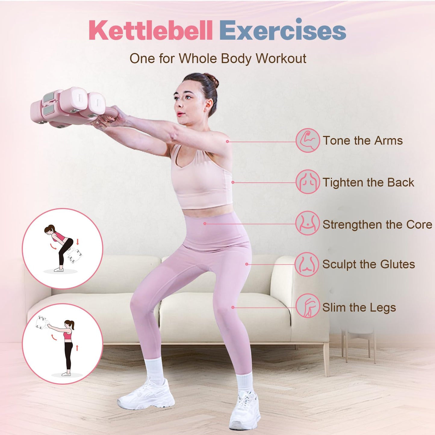 kisnbld Adjustable Dumbbell Set of 2, 2 in 1 Free Weights Dumbbells & Kettlebell Set for Women with Fast Adjustment, Each 2lb 3lb 4lb 5lb Hand Weights Set for Home Gym & Outdoor Exercise Training