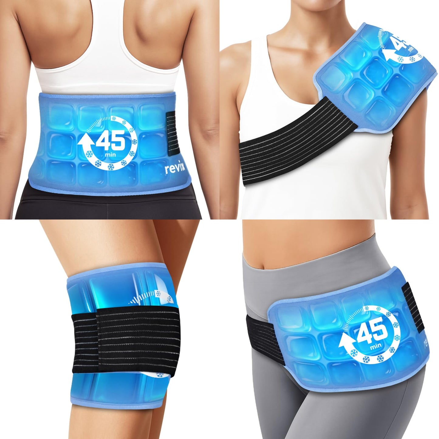 REVIX Ice Pack for Injuries Reusable (14 × 7") with Elastic Strap, 45-Minute Long-Lasting Gel Cold Pack for Knee, Shoulder, Back with Ice Grid Gel Design, Flexible Ice Wrap, Universal Use for Arm, Hip