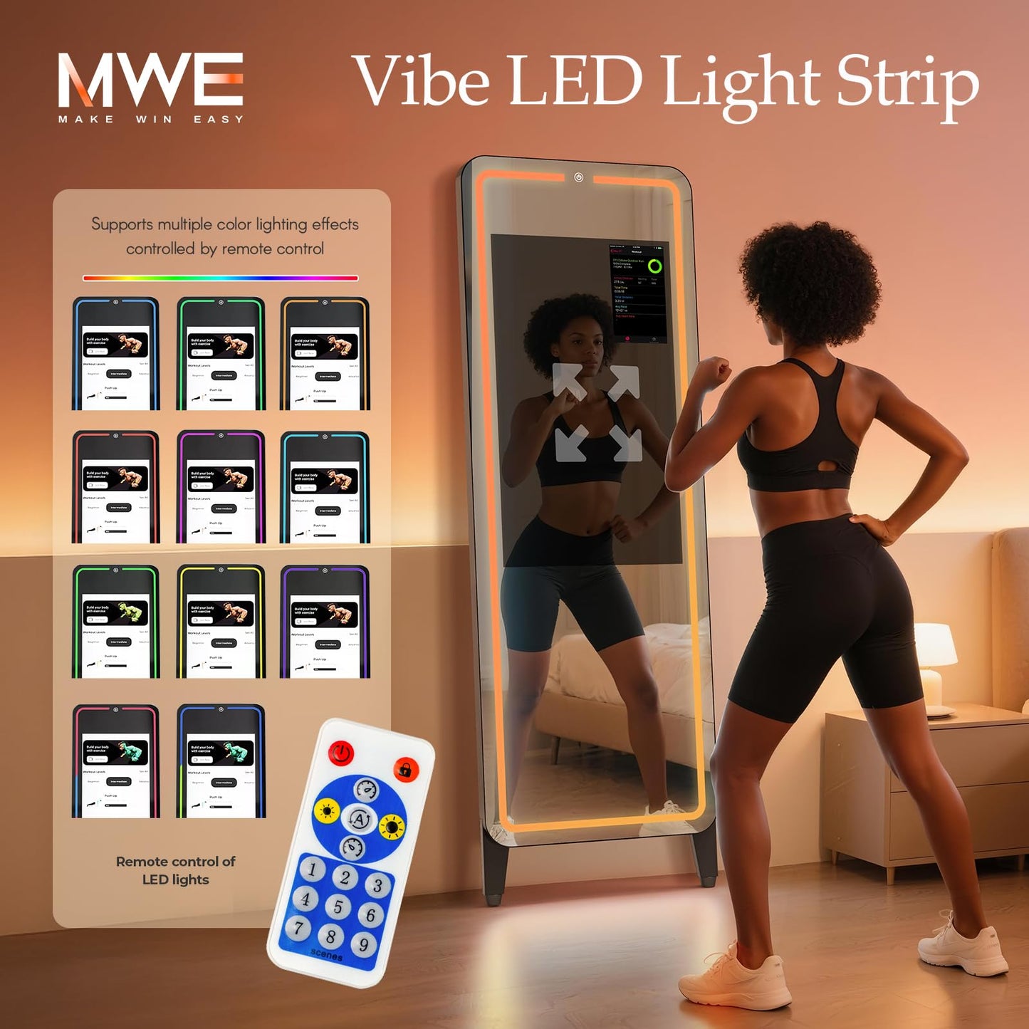 Smart Gym Mirror for Home Workout | 32" HD Touch-Screen Andriod 12 OS | 61" Reflective Surface | No VIP Fees Support Various APP, Voice Control, Music Sync LED Strip Lights, for Home Gym/ Yoga/ Dance