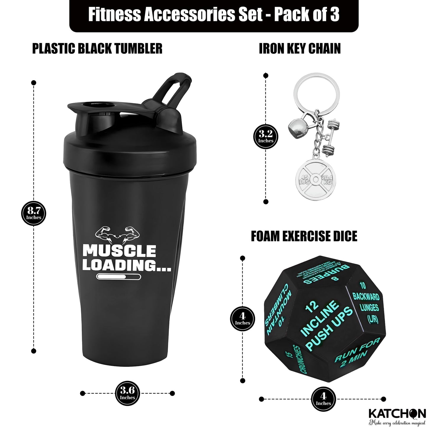 KatchOn, Fitness Gift Set – Pack of 4 | Gym Accessories for Men, with Exercise Dice | Valentine Gifts for Him | Workout Gifts for Men, Pre Workout Shaker, Dice and Dumble Keychains