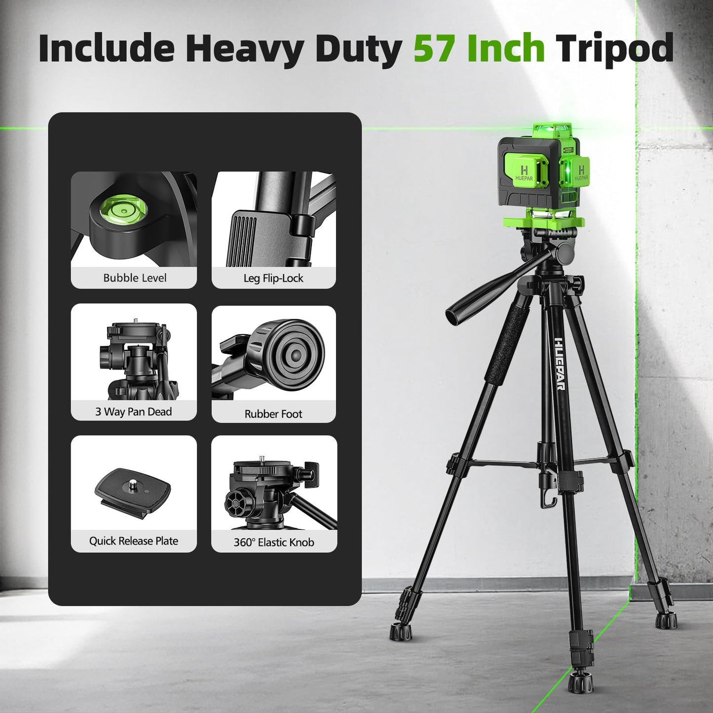 Huepar Laser Level 4x360 Self Leveling with 60" Tall Tripod, 4D Green Cross Line Lazer Leveler Tool with Outdoor Pulse Mode, 16 Lines Great for Tiling, Ceiling, Wall Work & DIY Home Renovation