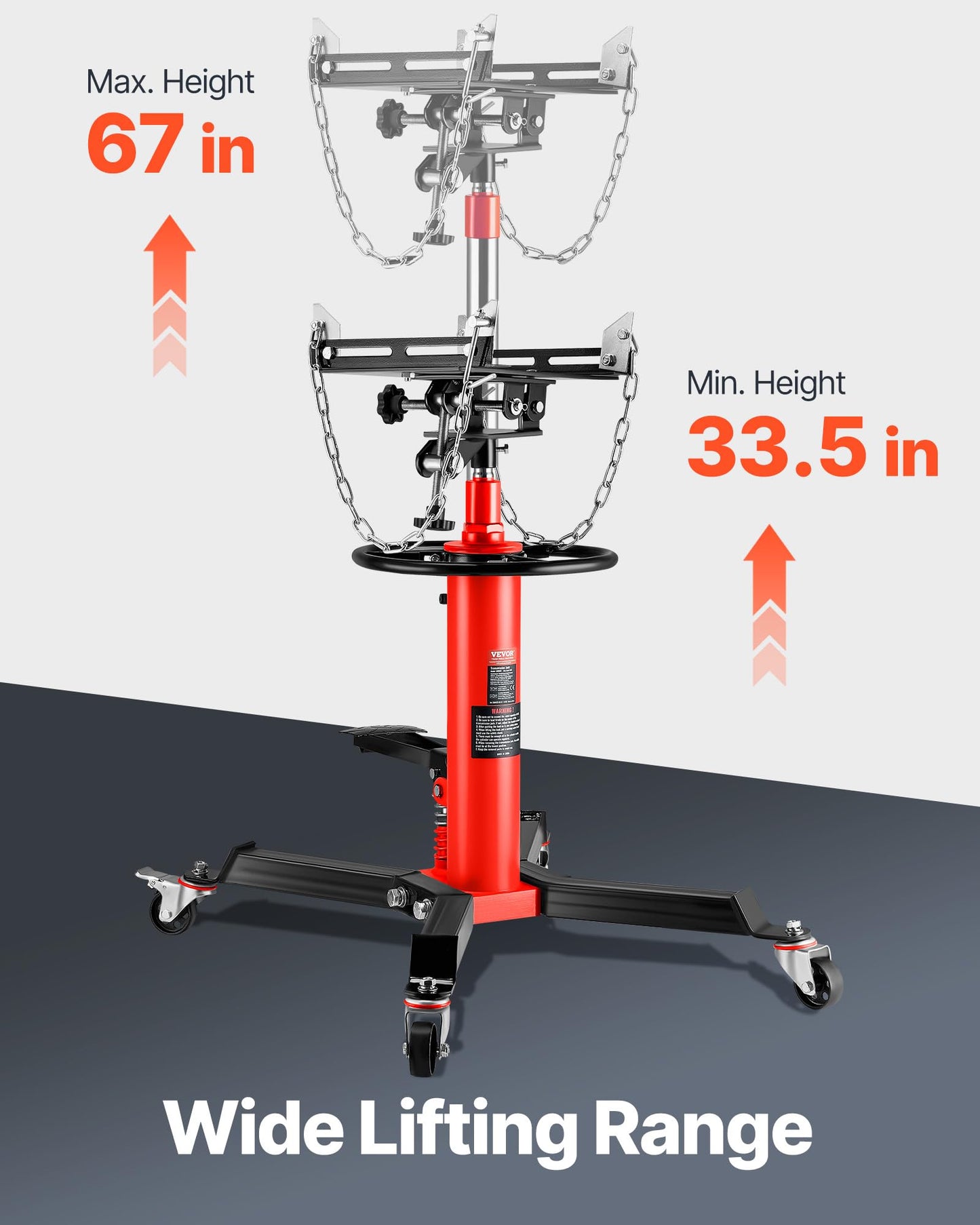 VEVOR 1/2Ton/1100lbs Capacity Hydraulic Transmission Jack, Car & Truck Compatible, 33.5-67 Inch Lift Range, 2-Stage Jack Stand with Foot Pedal, 360 Swivel Wheel, Red