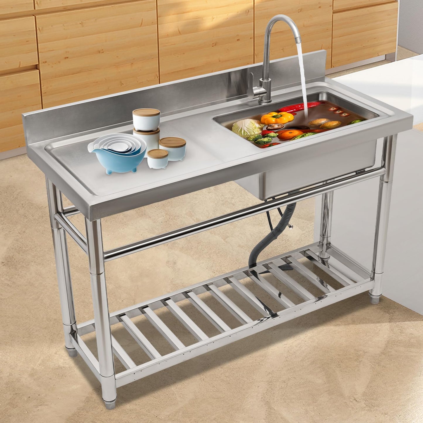 47.2" Stainless Steel Utility Sink with Faucet, 1 Compartment Free Standing Single Bowl Sinks, Commercial Restaurant Kitchen Sink Set with Storage Shelf for Indoor Outdoor