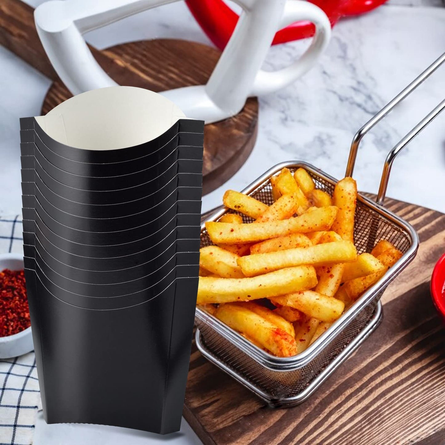 100 Pack 4oz Black French Fry Containers - Small French Fry Box Holder Disposable Charcuterie Cups - Kraft Paper Takeout Boxes for Wedding Birthday Carnival Individual Party Point