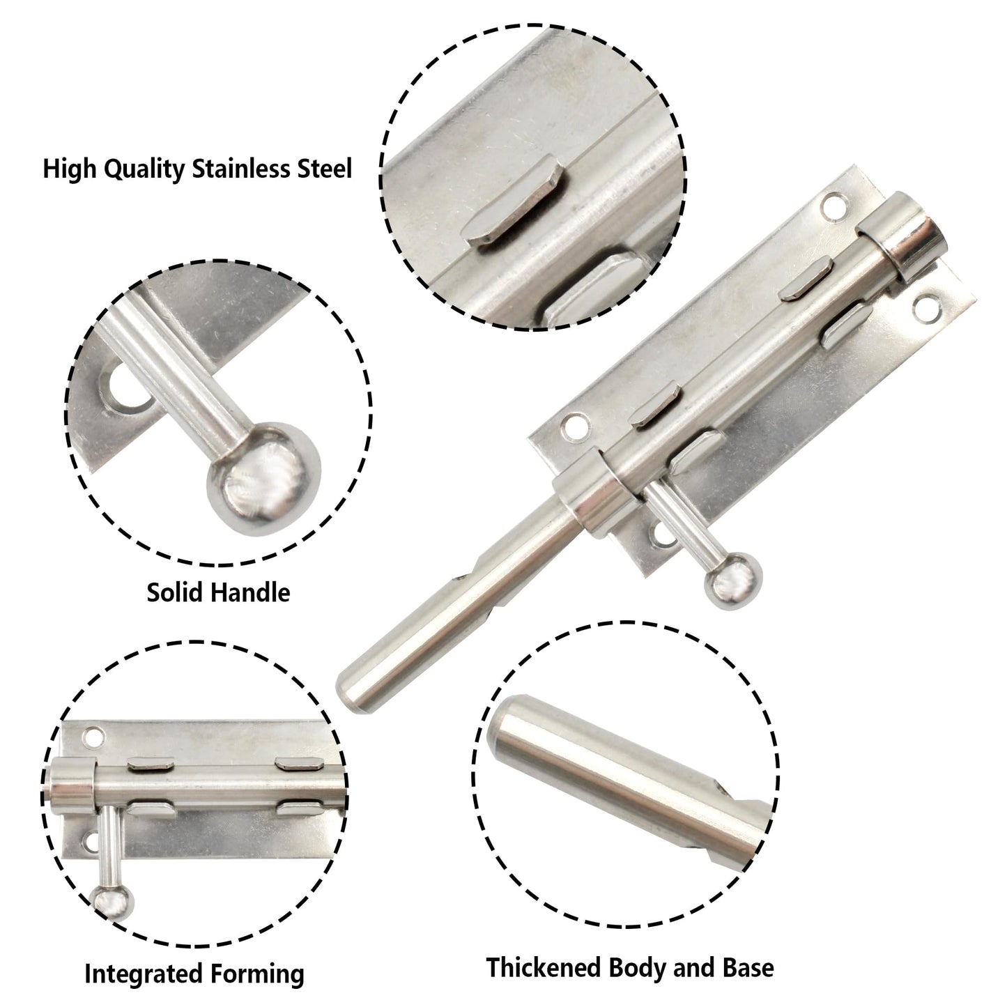 AUXBC 7.9 Inch Sliding Bolt Gate Latch, Stainless Steel Slide Barrel Bolt Latch, Heavy Duty Security Bolt Door Lock Slide Latch for Home Garden Warehouse Garage Door, Silver